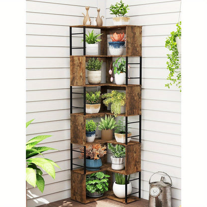 Hoekboekenplank – Hoekrek – Boekenrek – Opbergkast – Boekenkast – Industrieel Design – 7 Lagen – Stalen Frame – 188 cm Hoog – Zwart/Bruin