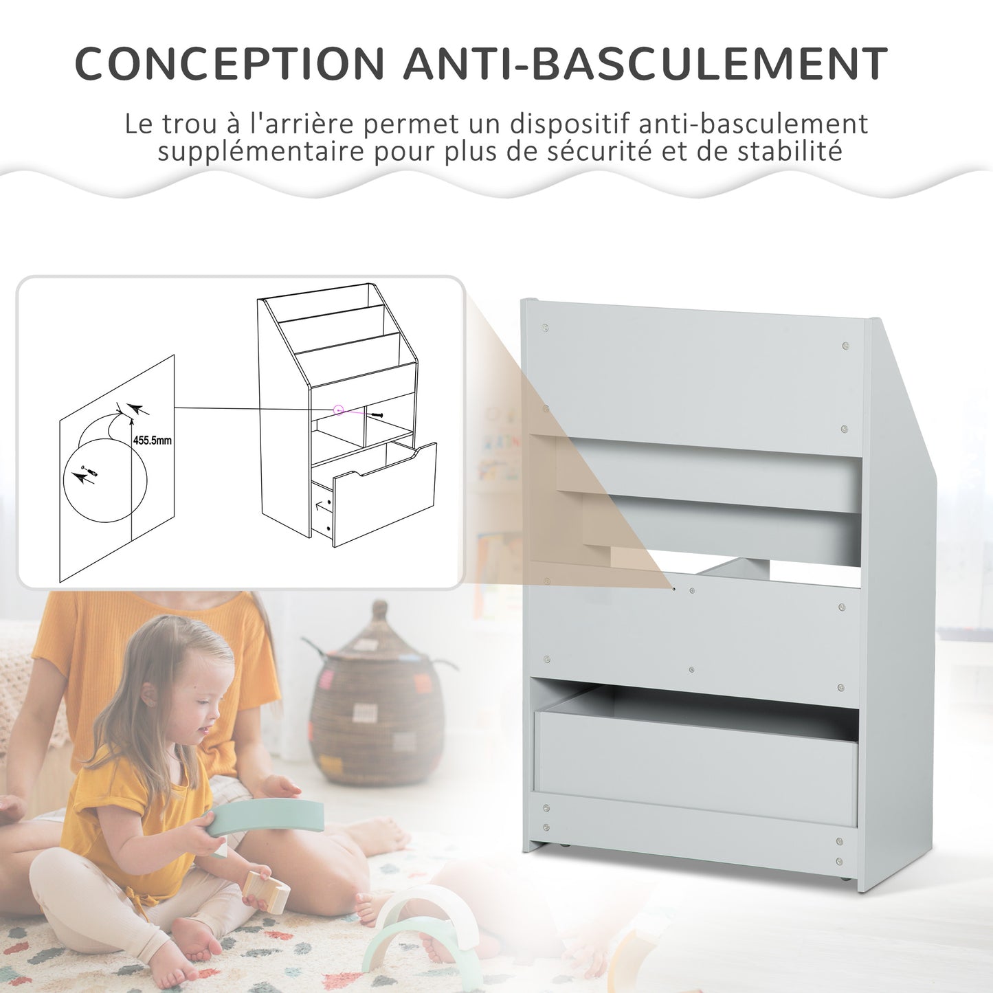 Boekenkast – Kasten – Opbergmeubel – Boekplank – Ladenkast – Grijs – MDF Materiaal – Anti-Kantel Veiligheid