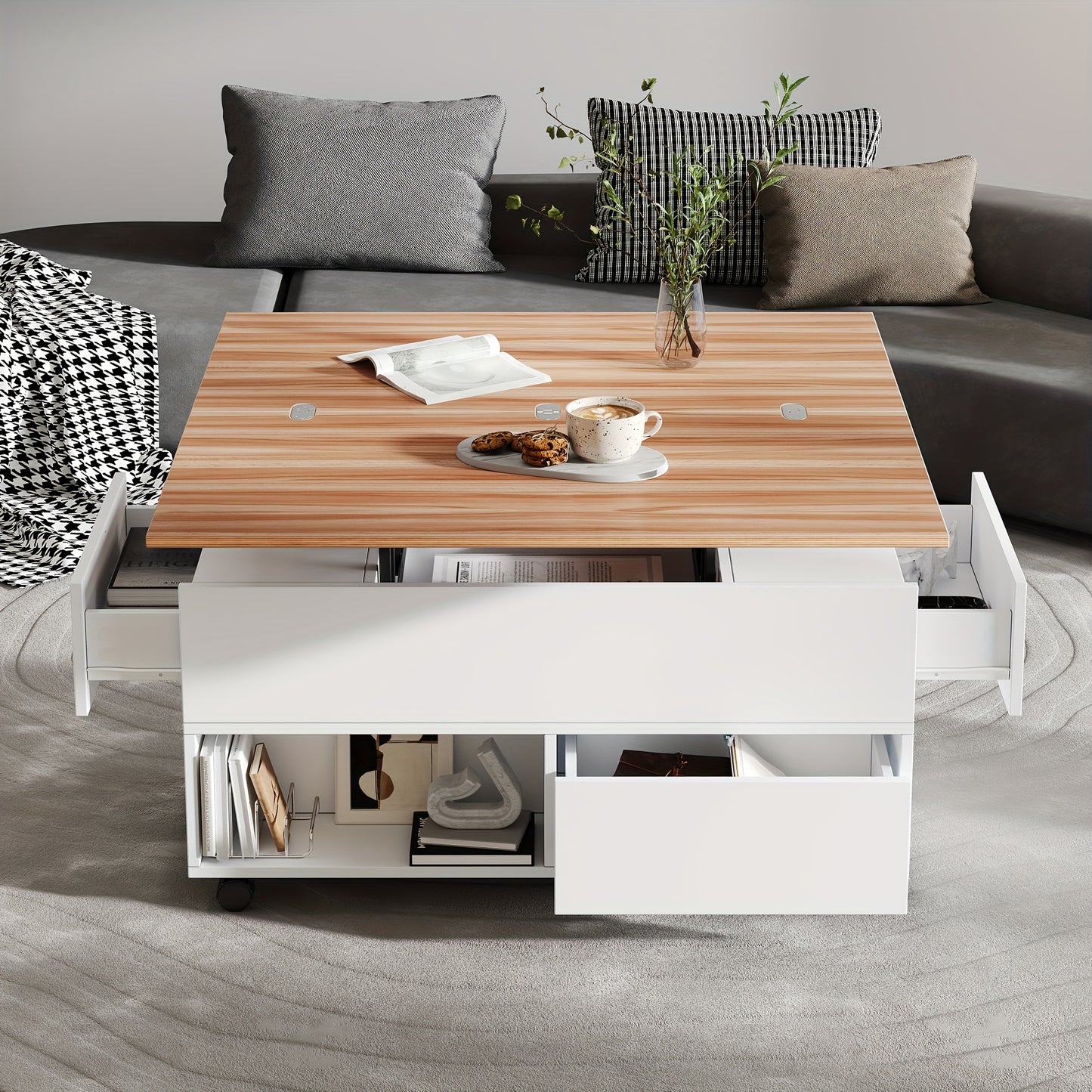 Salontafel – Koffietafel – Bijzettafel – Woonkamertafel – Tafel – Bamboe – Verstelbare Hoogte Met Lift-Top – 4 Lade Opbergruimte Met Wieltjes