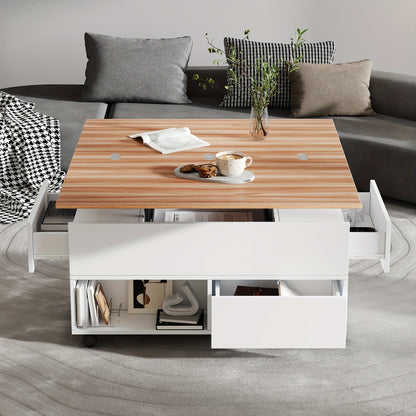 Salontafel – Koffietafel – Bijzettafel – Woonkamertafel – Tafel – Bamboe – Verstelbare Hoogte Met Lift-Top – 4 Lade Opbergruimte Met Wieltjes