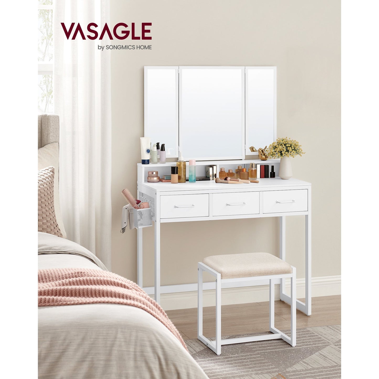 Kaptafel – Make-up Tafel – Cosmeticatafel – Opmaktafel – Opbergtafel – Wit – Drieluikspiegel – 3 Lades – Föhnhouder – Stijlvol Met Metalen Frame