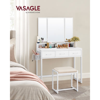 Kaptafel – Make-up Tafel – Cosmeticatafel – Opmaktafel – Opbergtafel – Wit – Drieluikspiegel – 3 Lades – Föhnhouder – Stijlvol Met Metalen Frame