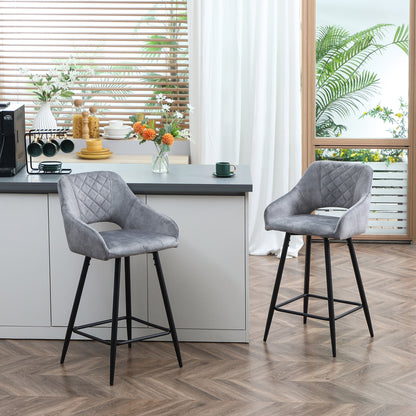 Velvet Barkruk – Hoge Barstoel – Keukenstoel – Barstoel Met Armleuning – Barstoel Met Voetsteun – Set Van 2 – Zachte Zitting – Stabiele Metalen Poten – Grijs – 67 Cm Hoog