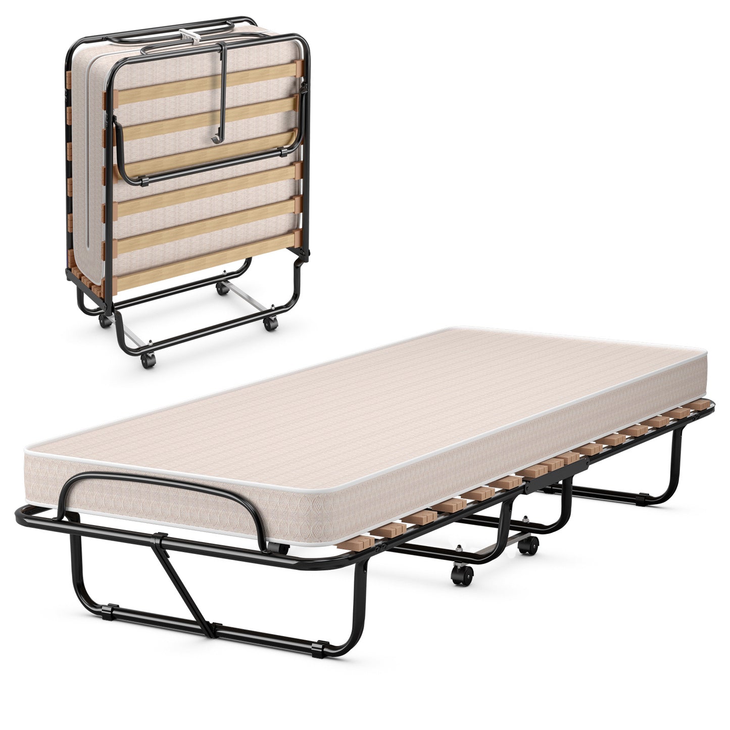 Vouwbed – Opklapbed – Logeerbed – Campingbed – Trolleybed – 80x190cm – Stalen Frame Zwart – 360° Wielen – 199,58KG Draagvermogen – Inclusief Beige Matras