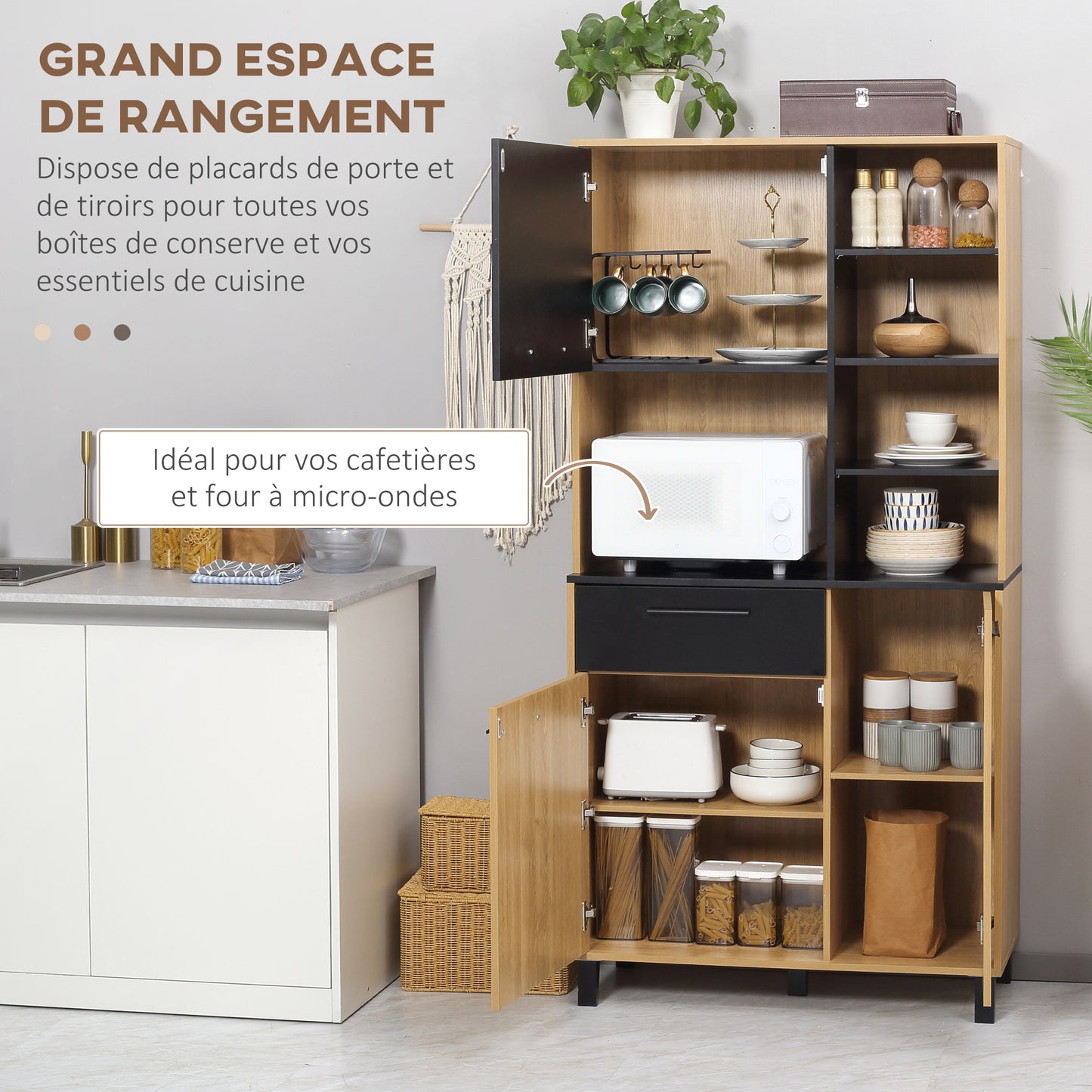 Keukenkast – Buffetkast – Opbergkast – Magnetronkast – Keukenbuffet – Modern Design – Verstelbare Planken – Anti-Kantel Systeem – 180 cm Hoog – Zwart/Naturel Hout