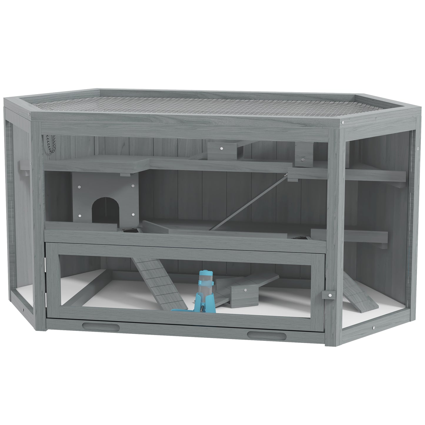 Hamsterkooi – Knaagdierkooi – Hamsterbench – Dierenkooi – Knaagdierverblijf – 3-laags Indeling – Uitneembare Bodemlade – Grijs Hout/Metaal – 115x60x55 cm