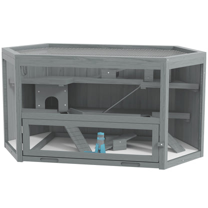 Hamsterkooi – Knaagdierkooi – Hamsterbench – Dierenkooi – Knaagdierverblijf – 3-laags Indeling – Uitneembare Bodemlade – Grijs Hout/Metaal – 115x60x55 cm