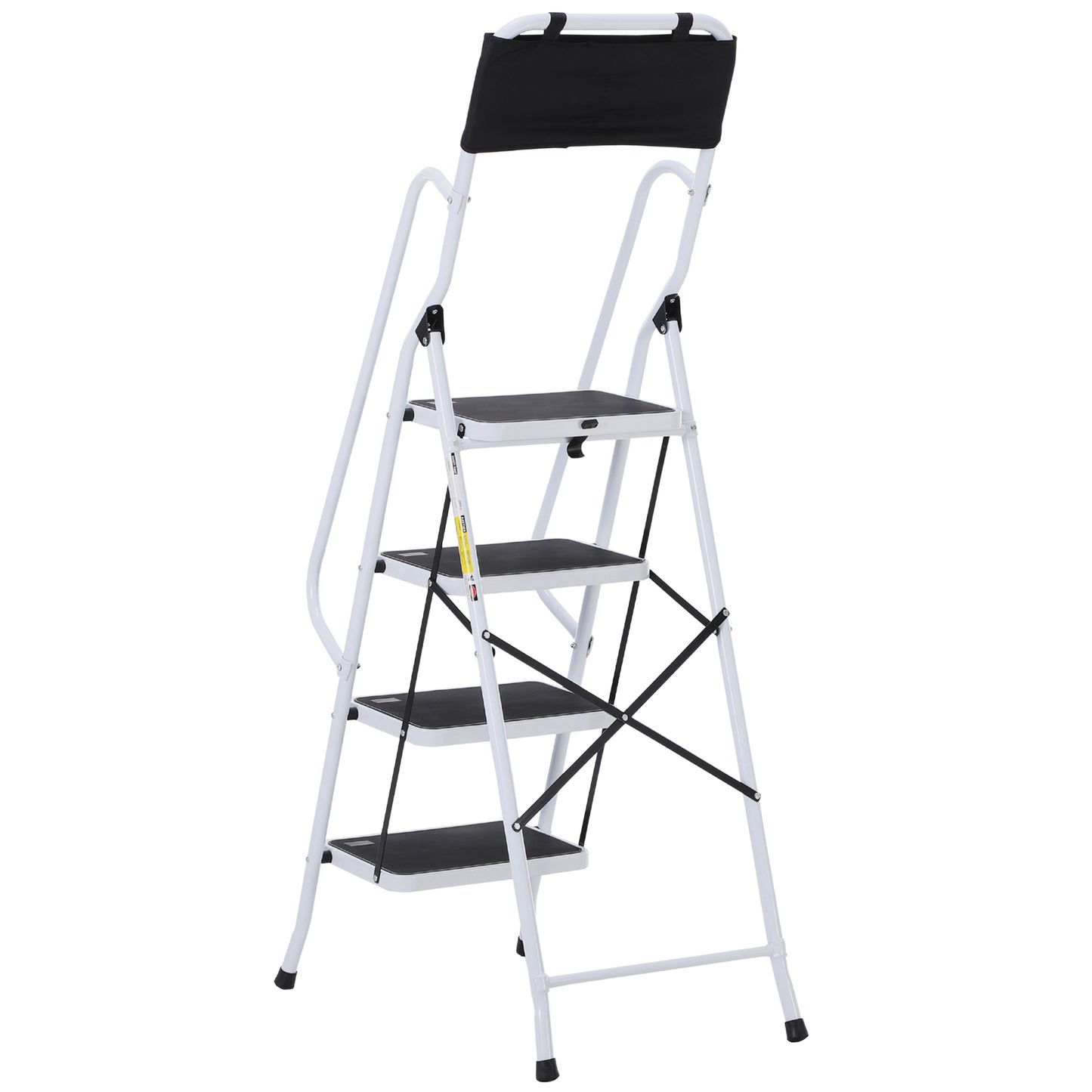 Opvouwbare Trap – Klimmiddel – Steiger – Werksteiger – Plofkraan – Stalen Frame – 4 XL Antislip Treden – Dubbele Handgrepen – Max 1,55 m Hoogte – Inclusief Gereedschapszak – Wit/Zwart
