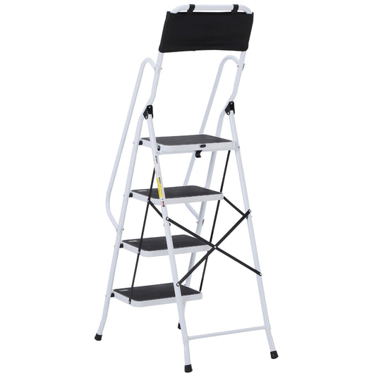Opvouwbare Trap – Klimmiddel – Steiger – Werksteiger – Plofkraan – Stalen Frame – 4 XL Antislip Treden – Dubbele Handgrepen – Max 1,55 m Hoogte – Inclusief Gereedschapszak – Wit/Zwart