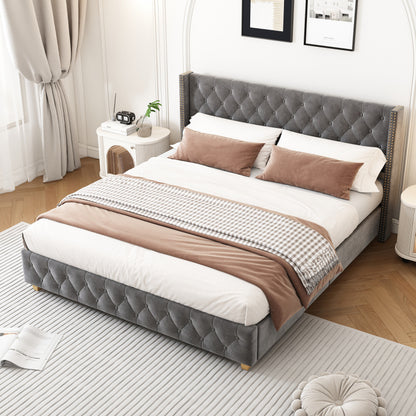 Gestoffeerd Bed – Velvet Bed – Eenpersoonsbed – Slaapbed – Lattenbodem Bed – Grijze Velvet Bekleding – 140 x 190 cm – Stevig Met Klinknagel Afwerking