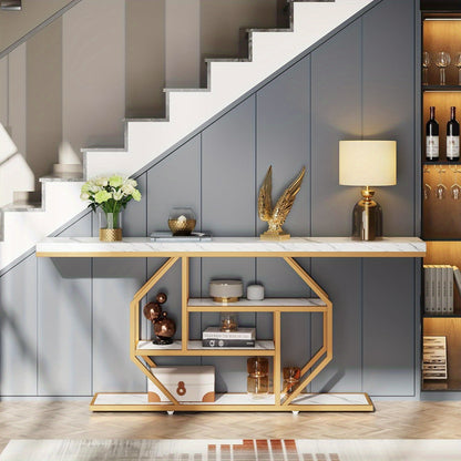 Sidetable – Consoletafel – Haltafel – Wandtafel – Bijzettafel – Extra Lang 180 cm – Wit Marmerlook Met Gouden Metalen Frame