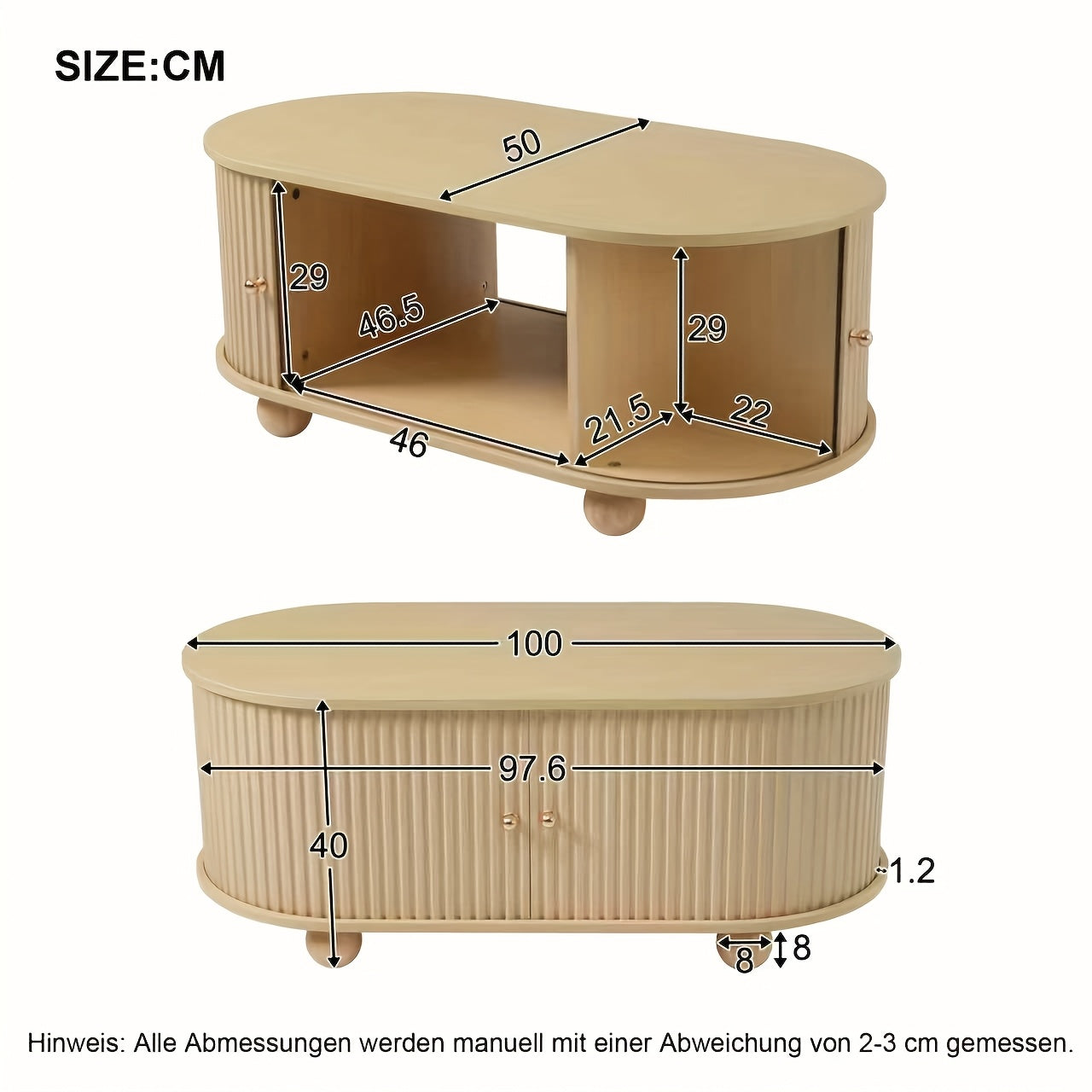 Contemporary Oval Wooden Coffee Table with Storage and Sliding Doors, Multifunctional Space-Saving Furniture, Metal Frame, Easy Assembly, Living Room Storage Solution, Coffee Table for Living Room
