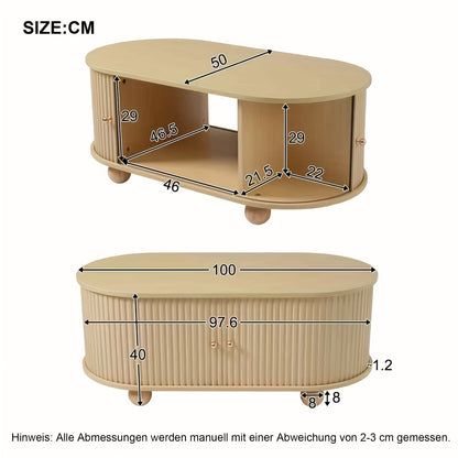 Contemporary Oval Wooden Coffee Table with Storage and Sliding Doors, Multifunctional Space-Saving Furniture, Metal Frame, Easy Assembly, Living Room Storage Solution, Coffee Table for Living Room