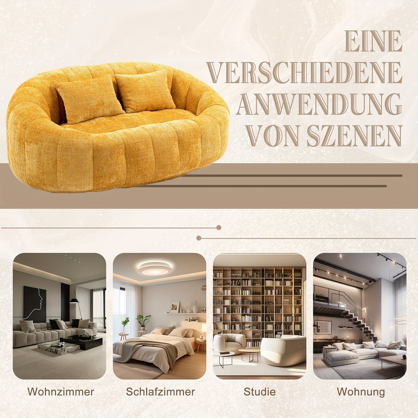 Zitzak – Zitzakstoel – Loungestoel – Fauteuil – Beanbag – Hoogwaardige Chenille Bekleding – Comfortabele Hoge Rugleuning – Mosterdgeel – Binnen & Buiten – Eenvoudige Montage