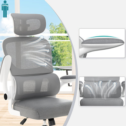 Ergonomische Bureaustoel – Bureaustoel Met Hoofdsteun – Werkstoel – Kantoorstoel – Stoel Voor Bureau – Ademend Mesh – Verstelbare Zithoogte & 360° Draaibaar – Grijs/Wit – Stevig Frame & Comfortabele Sponszitting