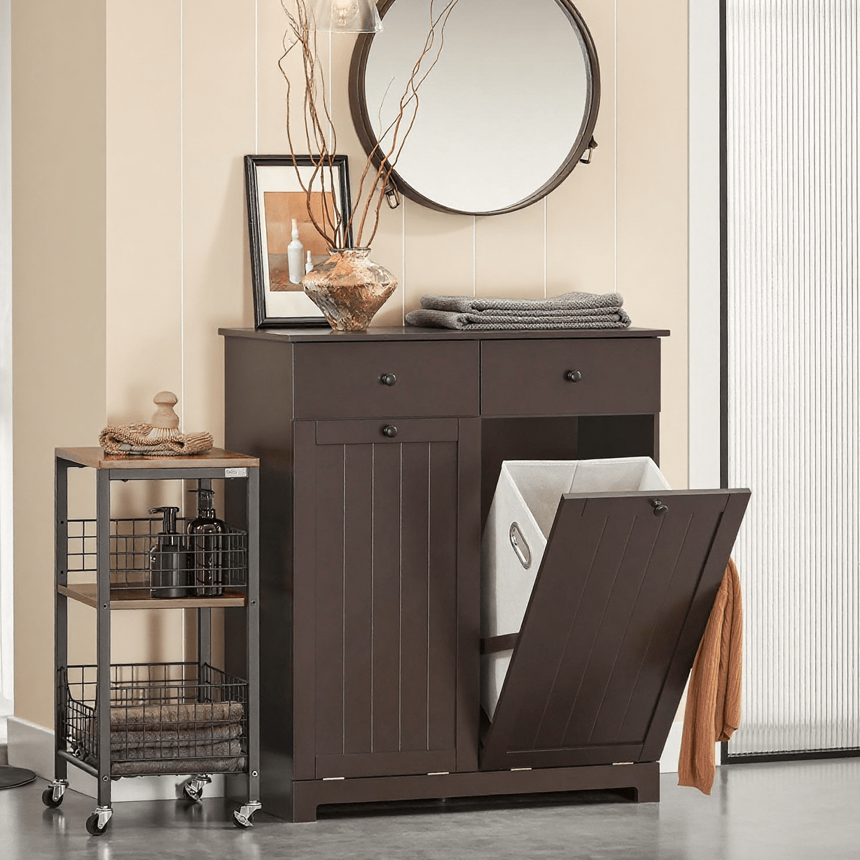 Wasmand – Wassorteerder – Wasbox – Wasmand Kast – Wasmand Met Deksel – Inclusief 2 Uitschuifbare Waszakken – MDF Hout, 78x91x38 cm – Bruin