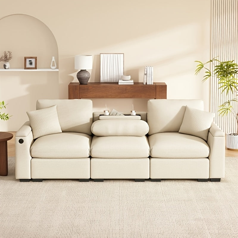 3-Zits Bank – Hoekbank – Slaapbank – Loveseat – Convertible Bank – Inklapbare Tafel – Bamboe Frame Met Opbergruimte – Licht Beige Katoen – Ruimtebesparend Multifunctioneel Design