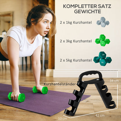 Halterset – Dumbbells – Dumbbellset – Gewichten – Fitnessset – 6-delig – Verstelbare gewichten 1-5 kg – Inclusief compact opbergrek