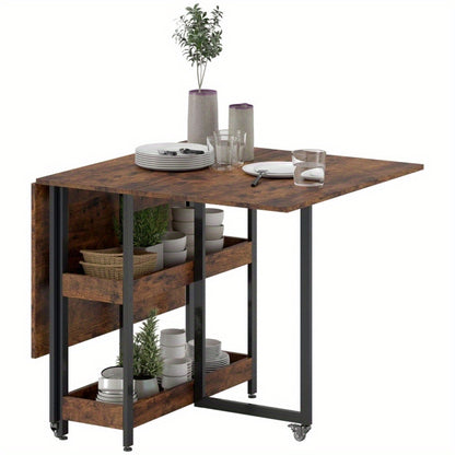 Inklapbare Eettafel – Opklapbare Tafel – Uitklapbare Eettafel – Opvouwbare Eettafel – Vouwtafel – Voor 2-4 Personen – Met 2 Open Planken – Compact en Mobiel – Rustiek Bruin 133,4x80x75 cm