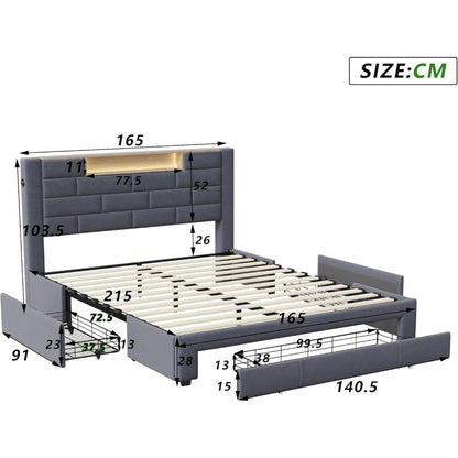 Led Bed – Tweepersoonsbed – Gestoffeerd Bed – Opbergbed – Slaapbank – 160x200 cm – Fluwelen Bekleding – Ingebouwde LED Verlichting en USB-poorten