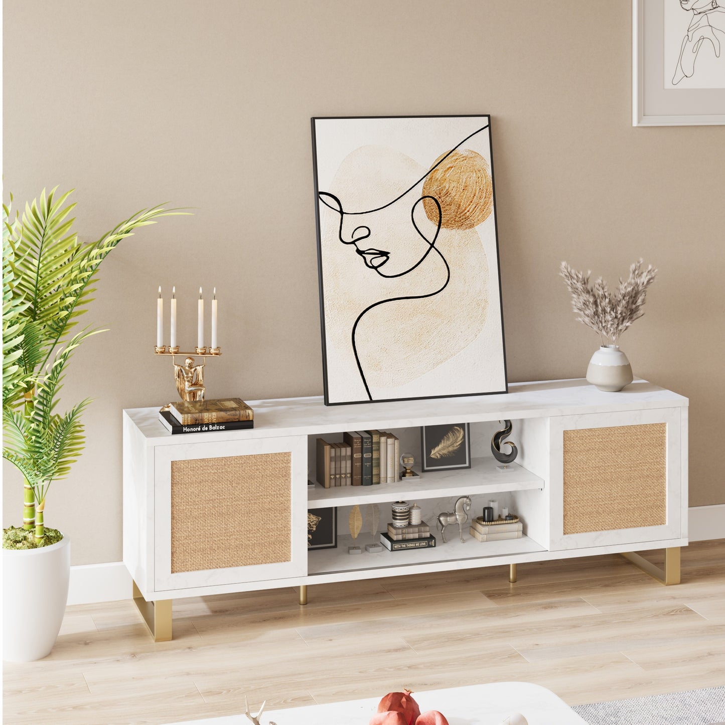 TV-meubel – Tv Kast – Mediameubel – Tv Meubel – Tv Dressoir – Wit Rattan Accent – Geschikt Voor 65 Inch TV – Verstelbare Planken – Duurzame MDF Constructie