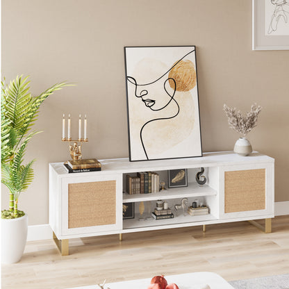 TV-meubel – Tv Kast – Mediameubel – Tv Meubel – Tv Dressoir – Wit Rattan Accent – Geschikt Voor 65 Inch TV – Verstelbare Planken – Duurzame MDF Constructie