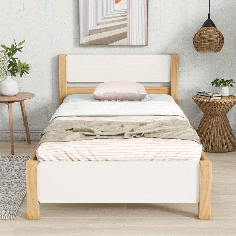 Eenpersoonsbed – Tienerbed – Volwassenenbed – Bedframe – Slaapbank – Houten Frame van Grenen – Met Middenstijl voor Extra Stevigheid – Inclusief MDF Hoofdeinde en Voetbord – Wit Natuurkleur – 90x200 cm