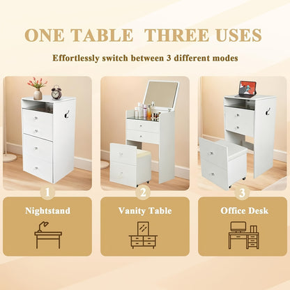 Witte Make-up Tafel – Kaptafel – Vanity Desk – Schminktisch – Dressing Table – Met Spiegel En Rollende Kruk – 2 Laden Met Glasplaat – Ruimtebesparend Zonder Montage