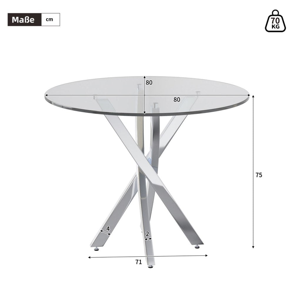 Eettafel – Tafel – Ronde Tafel – Keukentafel – Bijzettafel – Gehard Glas Tafelblad – Gegalvaniseerd Stalen Onderstel – 80x80x75 cm – Ruimtebesparend Design