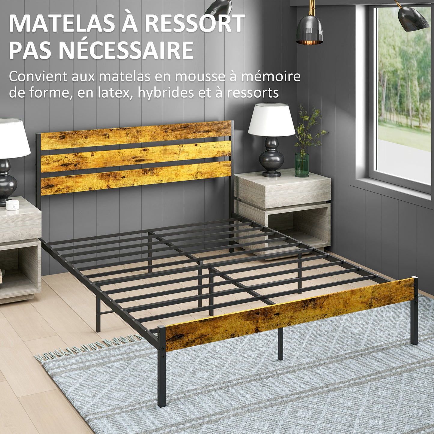 Tweepersoonsbed – Dubbelbed – Bedframe – Lattenbodem – Industrieel Bed – 160x200 cm – Onderbed Opbergruimte – Hout en Staal