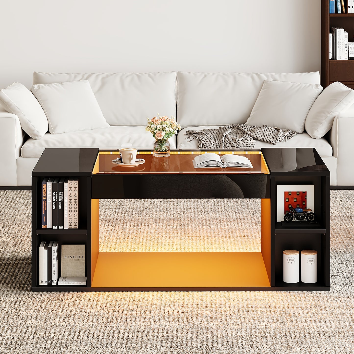 Salontafel glazen – Woonkamertafel koffietafel bijzettafel tafel – Modern design – Gehard glas – Hoogglans zwart – Hol middenstuk – Extra opbergruimte