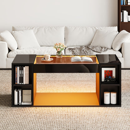 Salontafel glazen – Woonkamertafel koffietafel bijzettafel tafel – Modern design – Gehard glas – Hoogglans zwart – Hol middenstuk – Extra opbergruimte