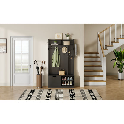 Kapstok – Halmeubel – Garderoberek – Wandkapstok – Staande Kapstok – Met Zitbank en 6 Haken – Zwart 100x185,5x40 cm – Compact en Ruim Opbergmeubel