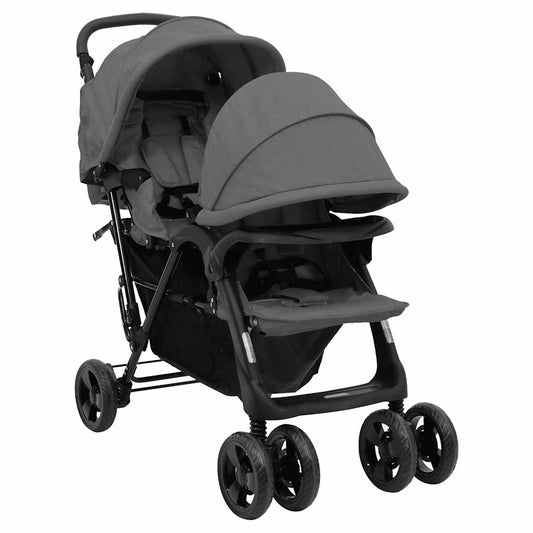 Tandem Kinderwagen – Dubbele Buggy – Dubbele Kinderwagen – Tandem Buggy – Kinderwagen Voor Twee – Stevig Stalen Frame – Verstelbare UV Zonnekappen – Donkergrijs