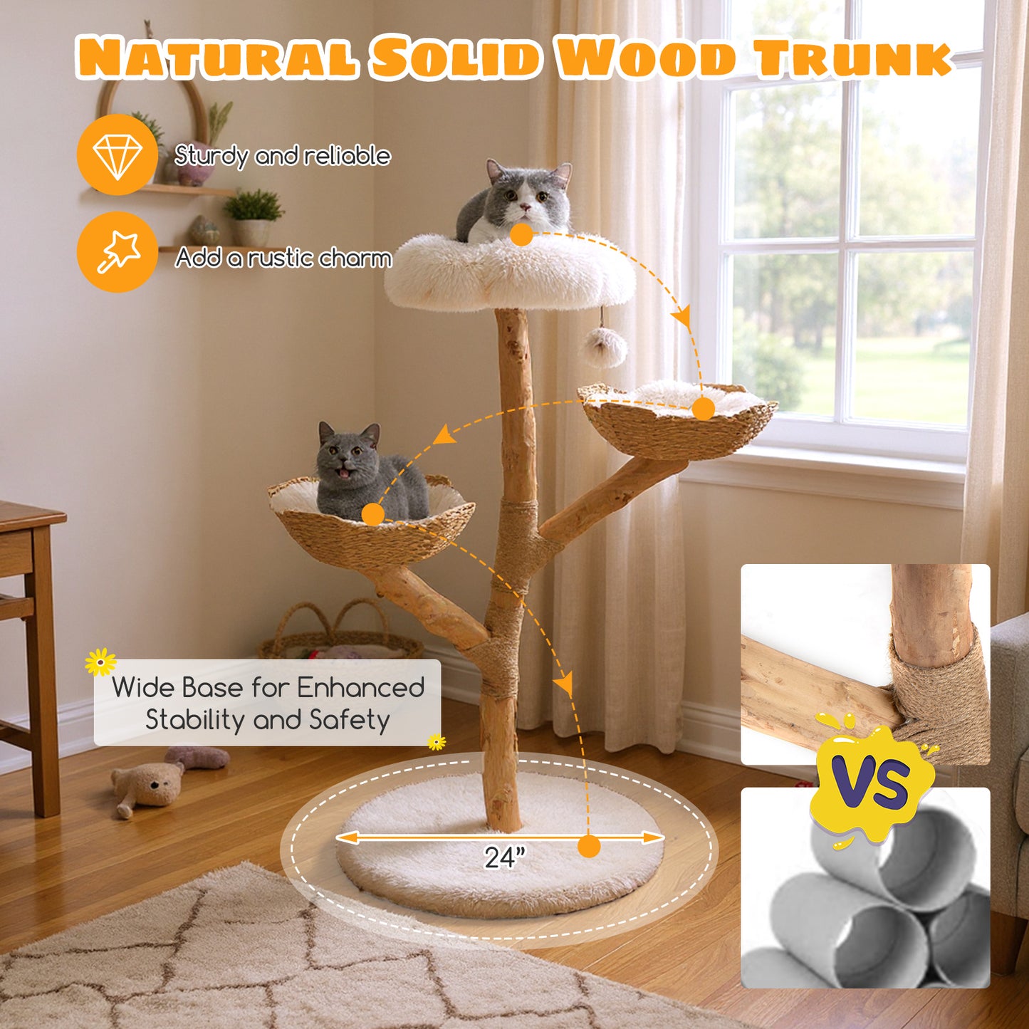 Kattenboom – Krabpaal – Kattenmeubel – Kattenhuis – Klimpaal – 122 CM Hoog – Massief Houten Stam Met Rattan Manden