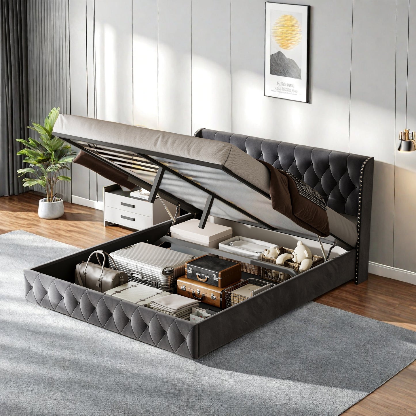 Bed – Tweepersoonsbed – Gestoffeerd Bed – Opbergbed – Boxspring – Fluwelen Bekleding – Hydraulische Opbergruimte – 180x200 cm