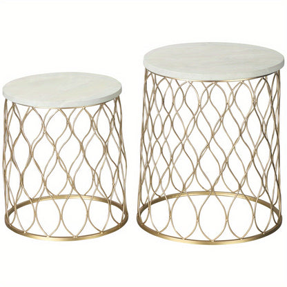 Tuintafel – Bijzettafel – Buitentafel – Balkon tafel – Nesting tafel – Retro Wire Basket Design – Set Van 2 – Metaal Goud Wit – Ruimtebesparend & Weerbestendig
