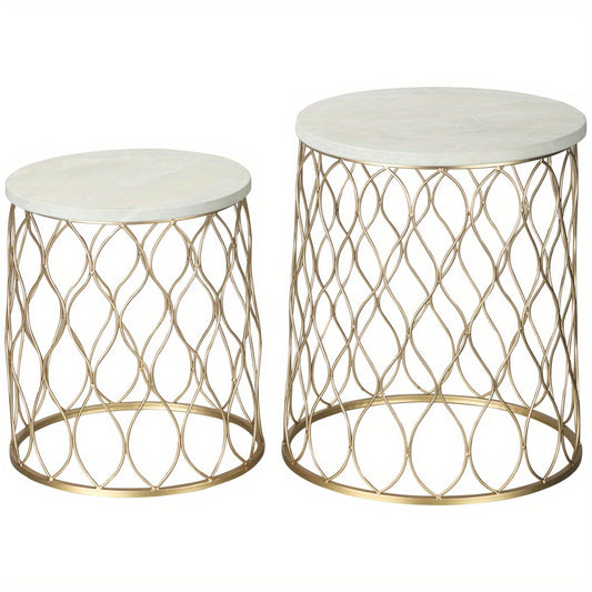 Tuintafel – Bijzettafel – Buitentafel – Balkon tafel – Nesting tafel – Retro Wire Basket Design – Set Van 2 – Metaal Goud Wit – Ruimtebesparend & Weerbestendig