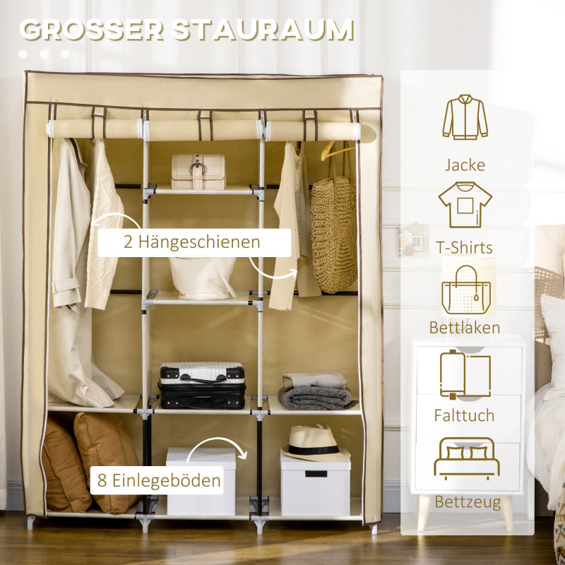 Stoffen Kledingkast – Opbertkast – Garderobekast – Kledingrek – Kledingopslag – Beige – Ruim Met 8 Planken & 2 Hangroedes – Stofwerend Non-Woven Materiaal