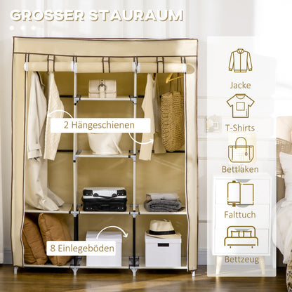 Stoffen Kledingkast – Opbertkast – Garderobekast – Kledingrek – Kledingopslag – Beige – Ruim Met 8 Planken & 2 Hangroedes – Stofwerend Non-Woven Materiaal