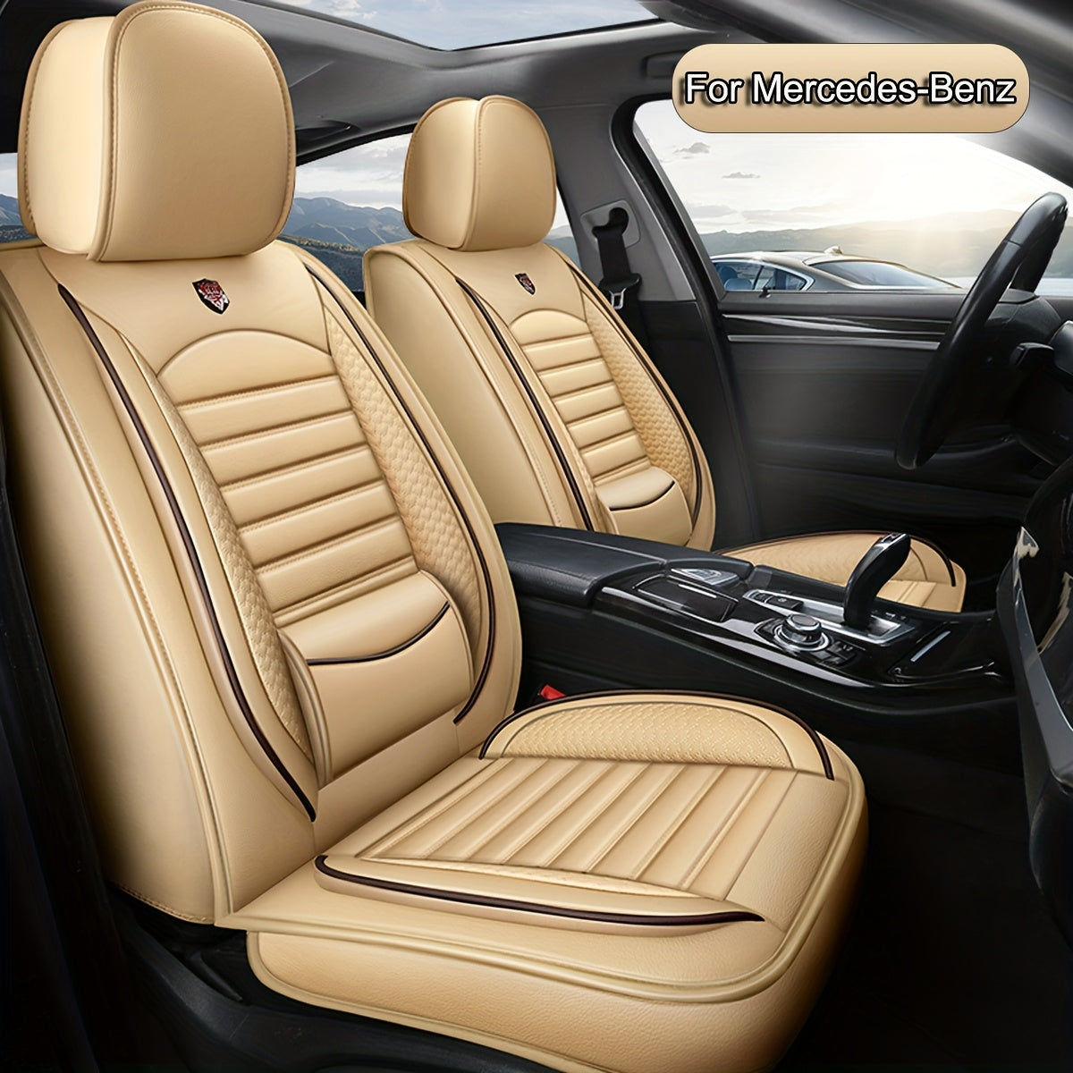 Universele Autostoelhoezen – Stoelhoezen Auto – Zitkussen Bescherming – Auto Interieur Beschermers – Beige 5 Zitplaatsen – PU Leer Met Sponsvulling – Airbag Compatibel