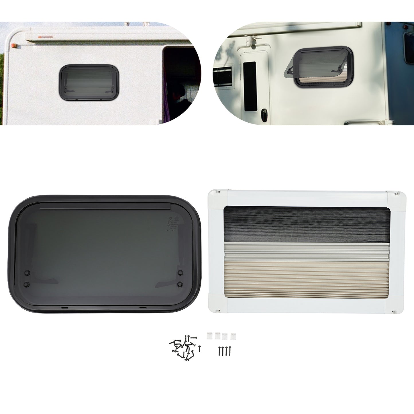 Uitzetraam Camper – Caravan Raam – Ventilatieraam – Insectenhorraam – Zonwerend Raam – 500x300mm – Aluminium – Tempered Glas – Plissé Hor – Zwart/Wit
