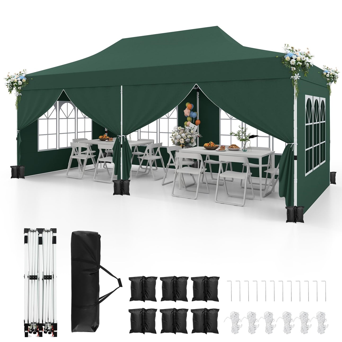 Paviljoen – Tuinpaviljoen – Partytent – Tent – Overkapping – Waterdicht – UV Bescherming 50+ – 3 x 6 Meter – Inclusief 6 Zijwanden en Zandzakken – Groen