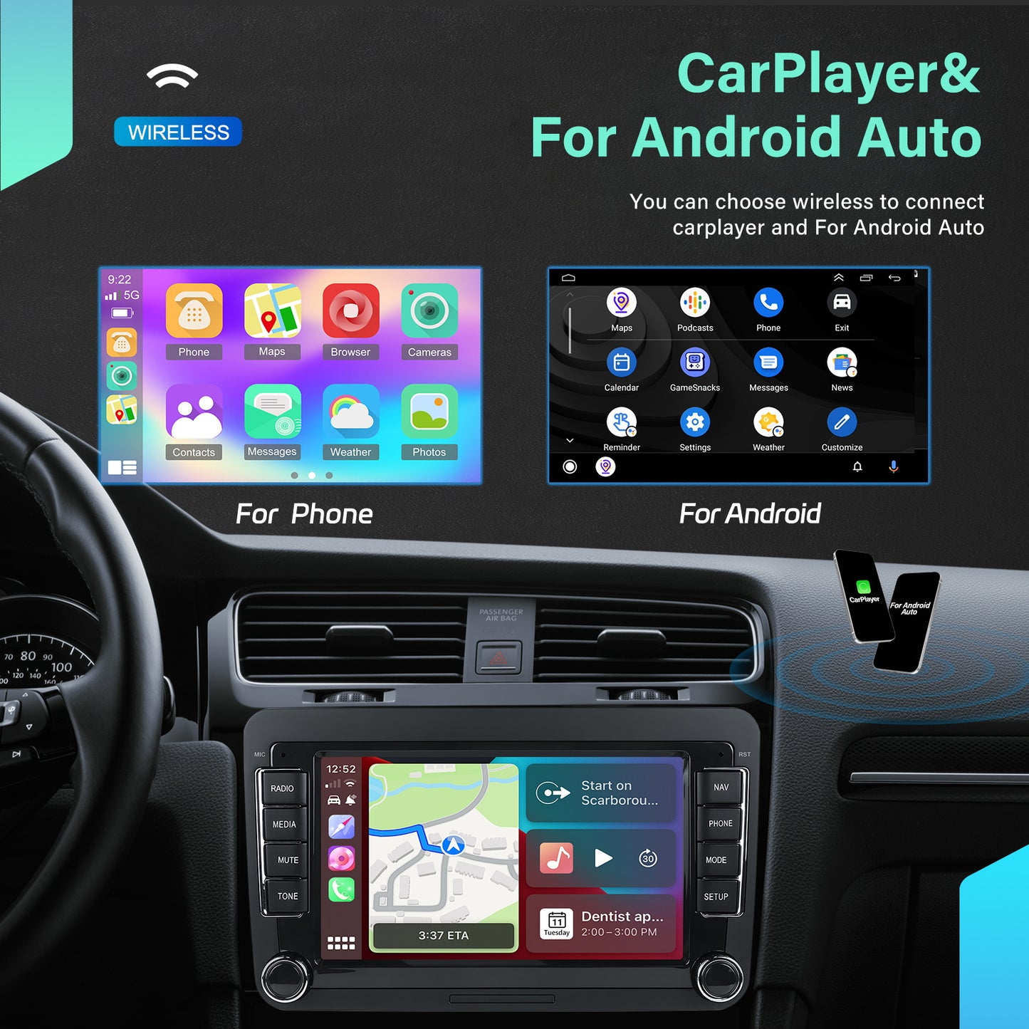 Autoradio – Car Stereo – Auto Radio – 1 DIN – 2 DIN – 7” Touchscreen – Android 15 – Qualcomm Octa-Core Processor – Draadloos CarPlay & Android Auto - QUORE