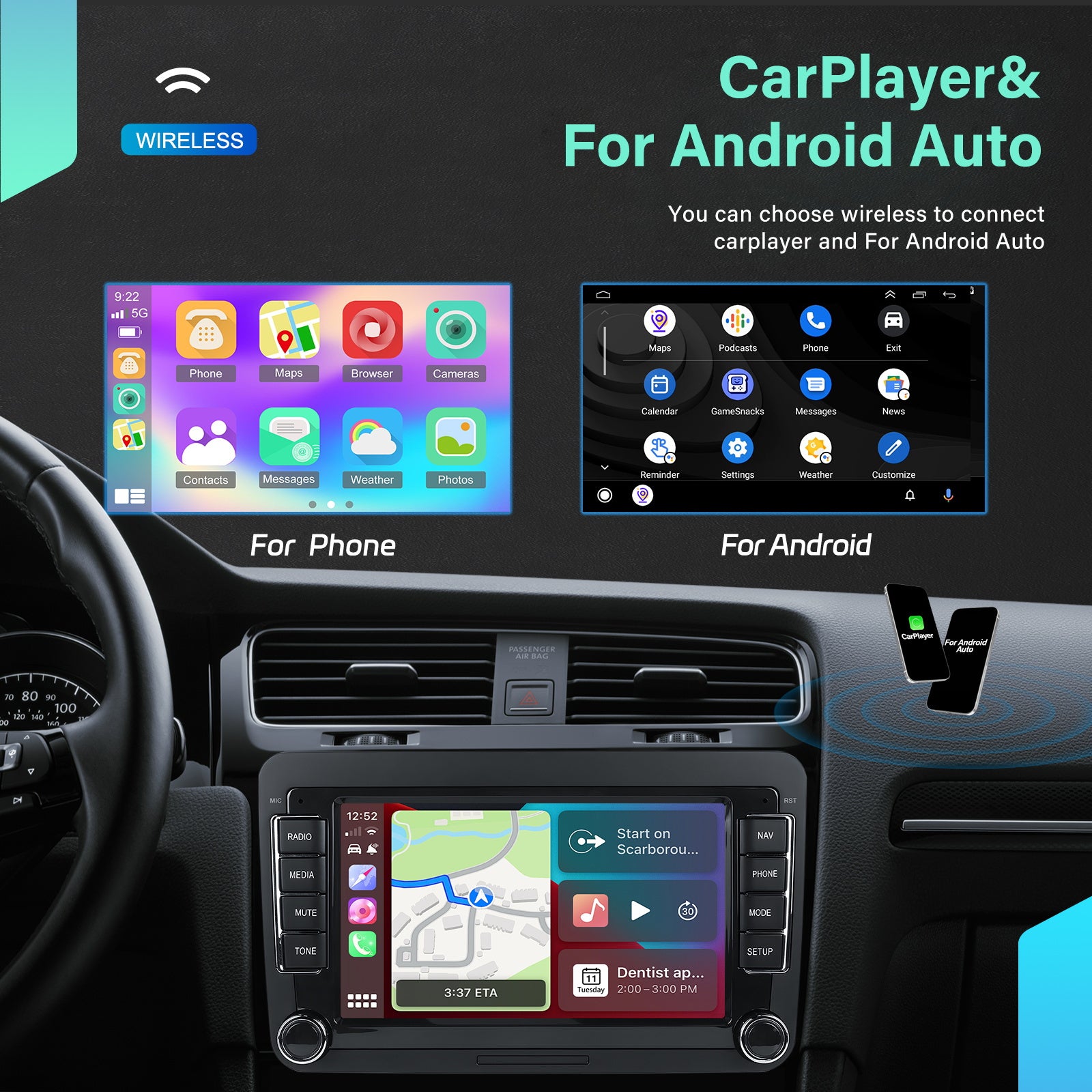 Autoradio – Car Stereo – Auto Radio – 1 DIN – 2 DIN – 7” Touchscreen – Android 15 – Qualcomm Octa-Core Processor – Draadloos CarPlay & Android Auto - QUORE