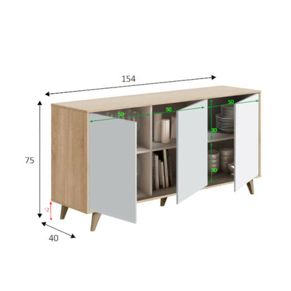 Dabello Sideboard, Kitchen Buffet, Design Living Room Cabinet, Modern 3-Door Sideboard with Shelves, 154x40x75 cm, Available in 6 Colors