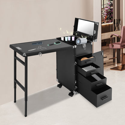 Heavy-Duty Rolling Manicure Table with Folding - Professional Makeup & Embroidery Trolley, Portable Cosmetic Case W/Spacious & Storage Organizer, Heavy-Resistant ABS/ Frame for Artists, Salons, Travel