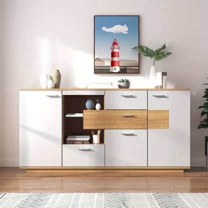 Modern White Wood-Look Foyer Storage Cabinet with 2 Doors, 4 Drawers & Glass Shelves - 160x40x77cm Multifunctional Sideboard for Living Room, Entryway, or Office - Easy Assembly, No Power Needed, Cabinet Storage, Entryway Org