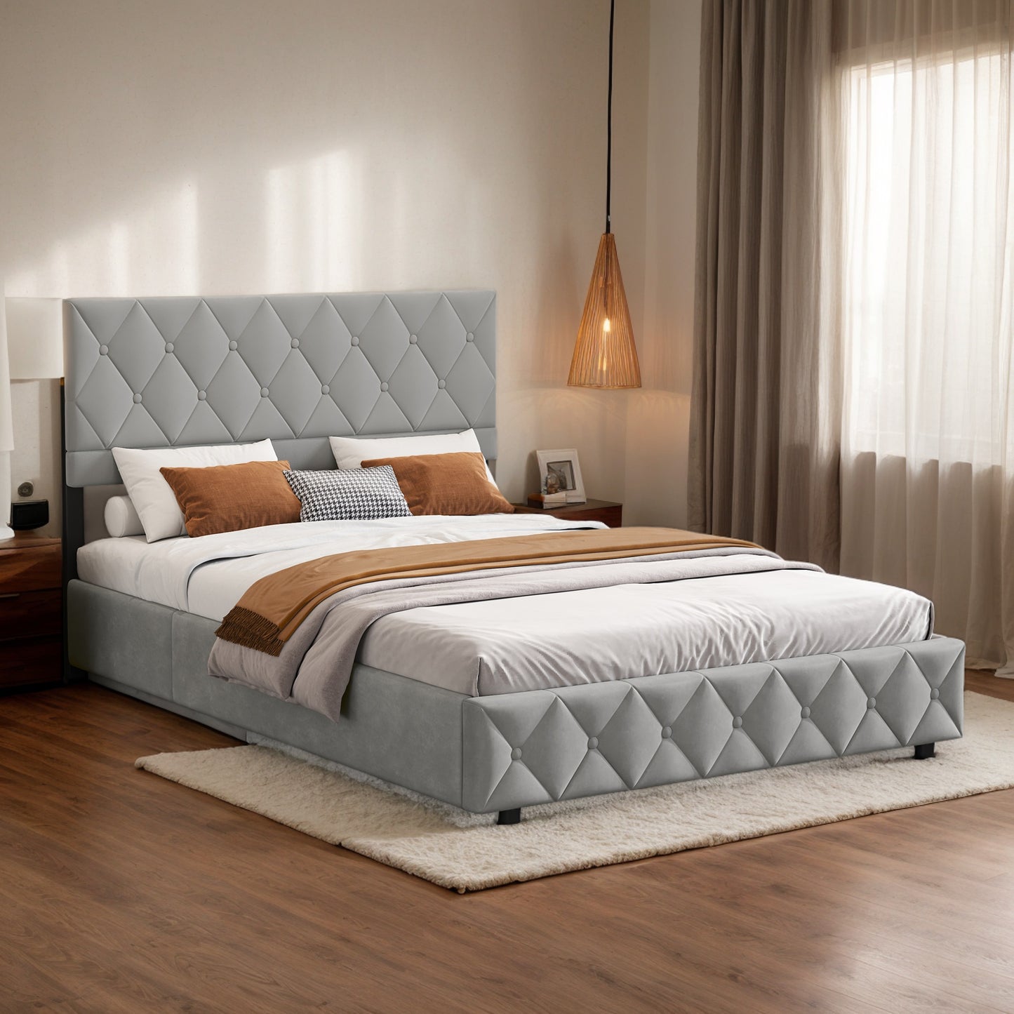 Tweepersoonsbed – Boxspringbed – Opbergbed – Fluwelen Bed – Slaapkamerbed – 180x200 cm – Hydraulische Opbergruimte – Lichtgrijs Met Gepolsterd Hoofdeinde