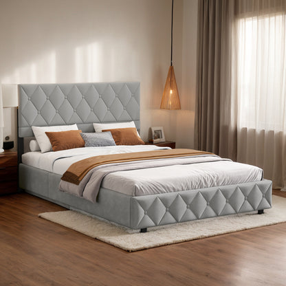 Tweepersoonsbed – Boxspringbed – Opbergbed – Fluwelen Bed – Slaapkamerbed – 180x200 cm – Hydraulische Opbergruimte – Lichtgrijs Met Gepolsterd Hoofdeinde